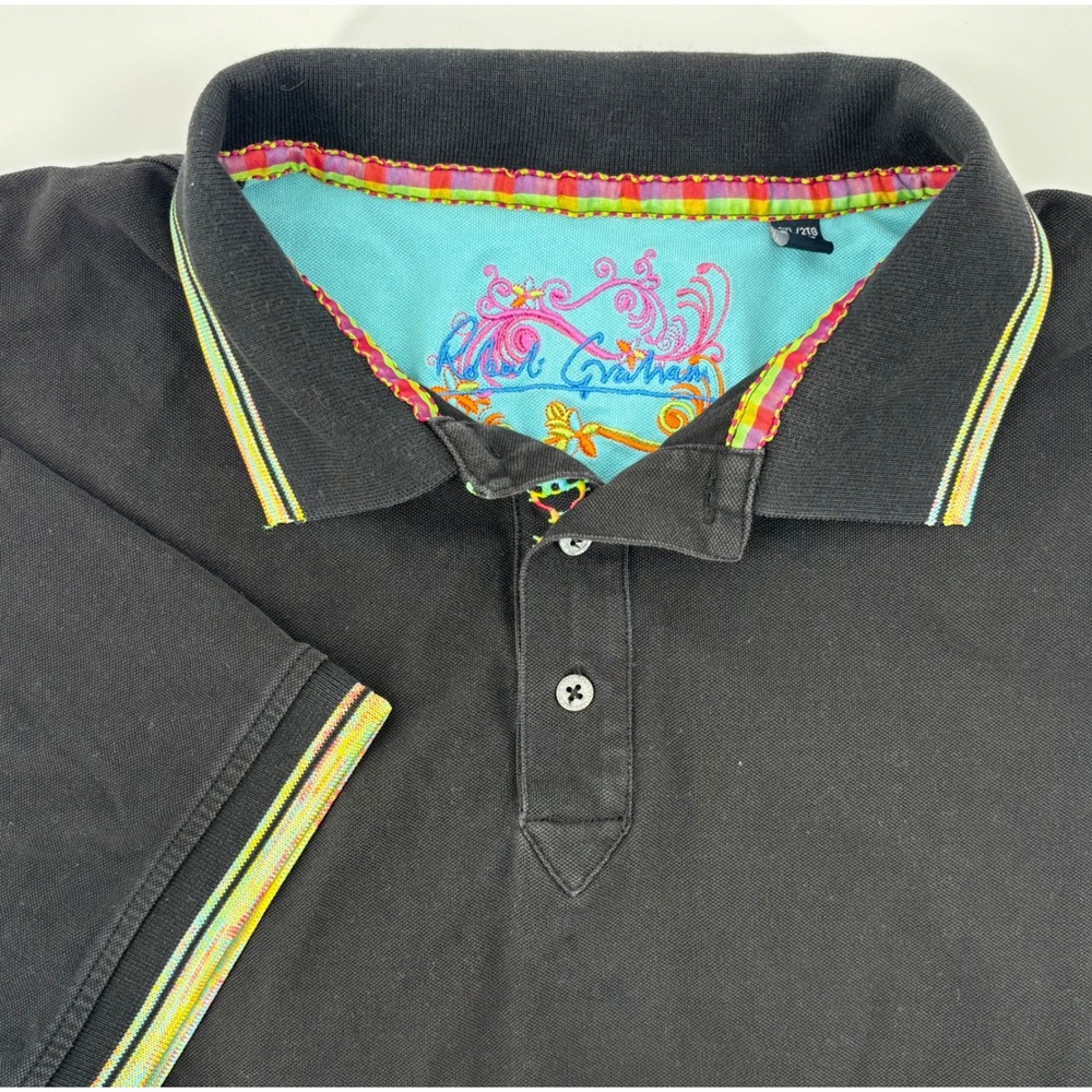 Robert Graham Polo Shirt Men's 2XL Black Short Sleeve Contrast Trim Embroidered